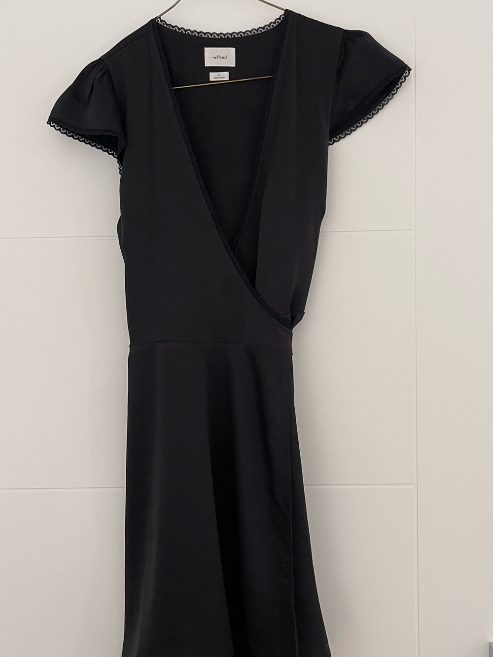 Wilfred Black Wrap Dress with Scalloped Flutter Sleeves